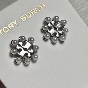 Tory Burch Silver and Pearl Stud Earrings